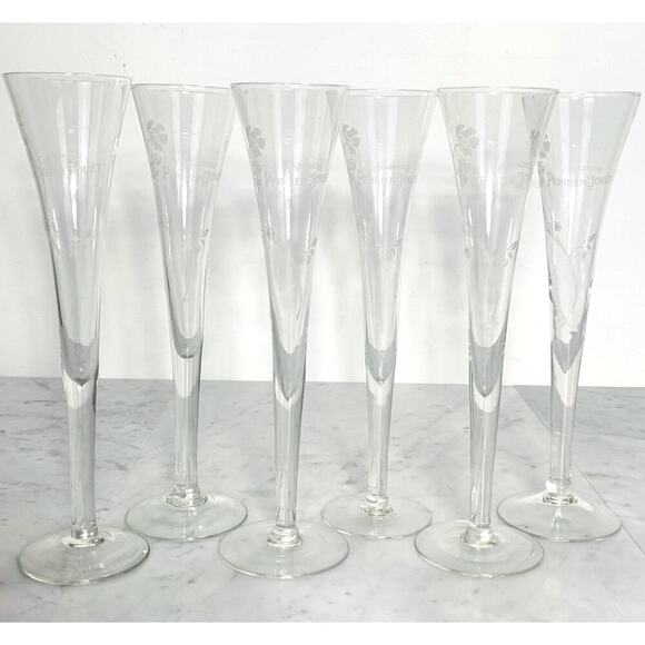 PERRIER JOUET (6) Champagne Flutes 9-3/4" White Floral Trumpet Etched VTG NIB - Picture 1 of 12